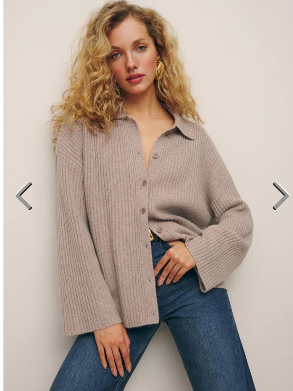Reformation Fantino Cashmere Collared Cardigan in Oatmeal - XS